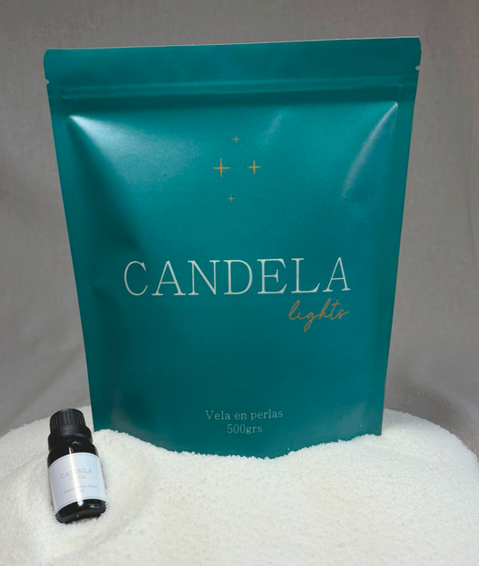 Set Vela en Perlas 500gr Blanco + 1 Esencia a elección